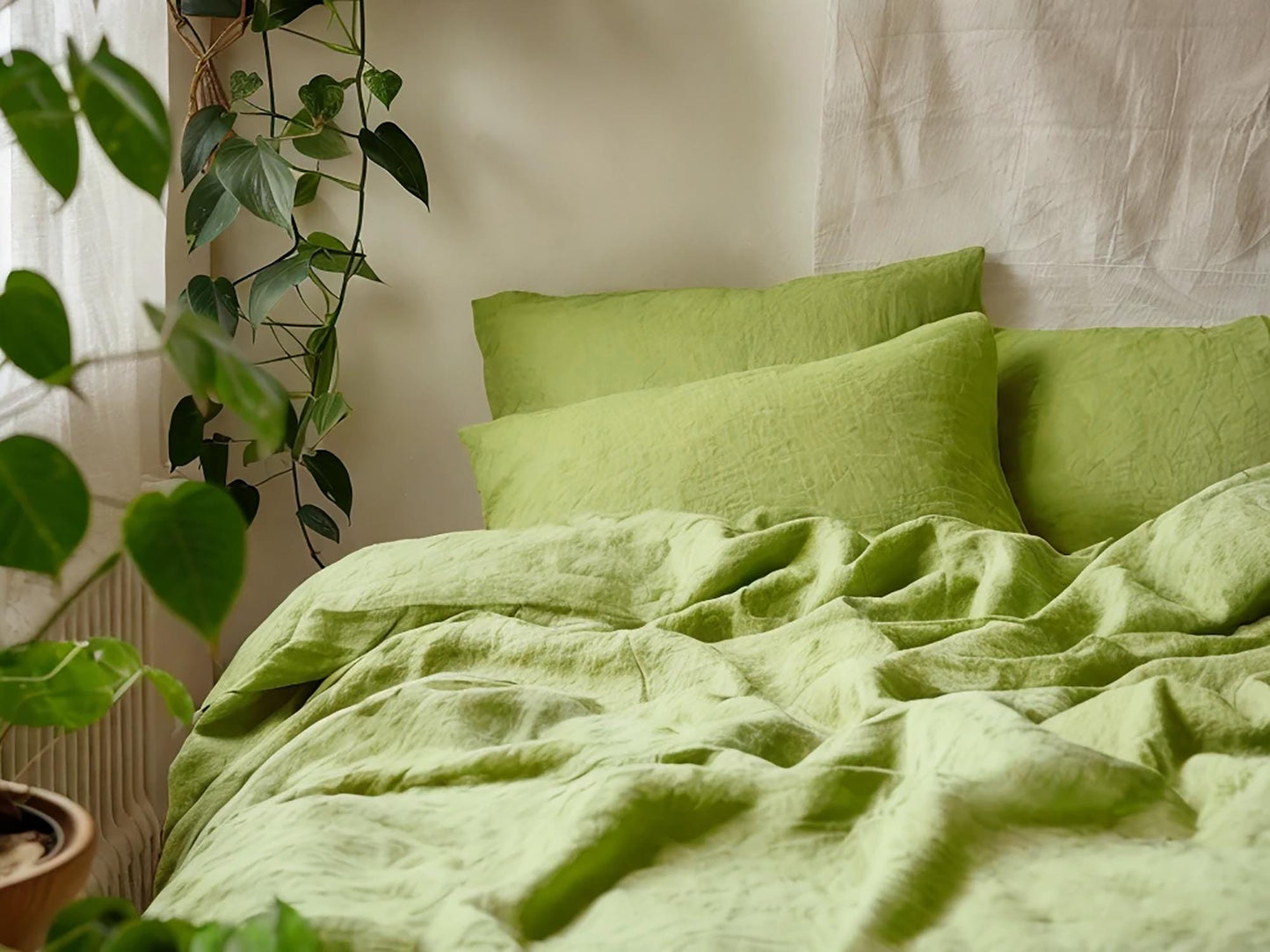 Lime Linen Coverlet softened linen Bed Cover Queen King size linen coverlet green linen bed throw blanket couch cover