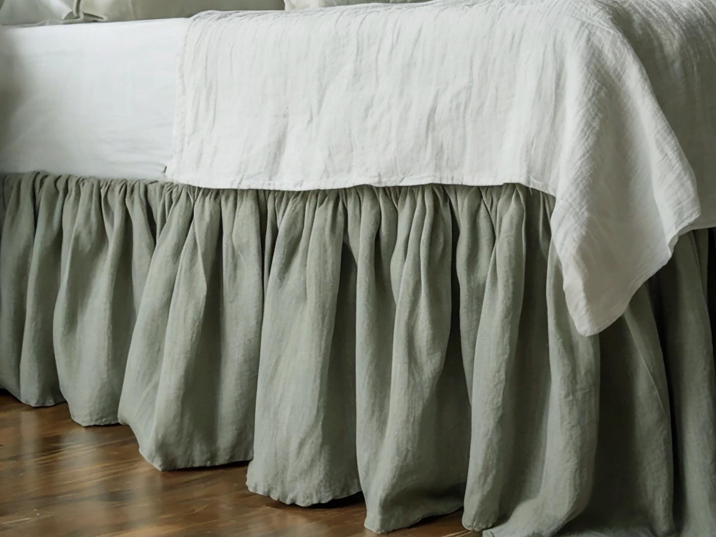 Sage linen ruffled bed skirt Soft Gathered Dust Ruffle Linen Dust Ruffle with Soft Gathered Edges