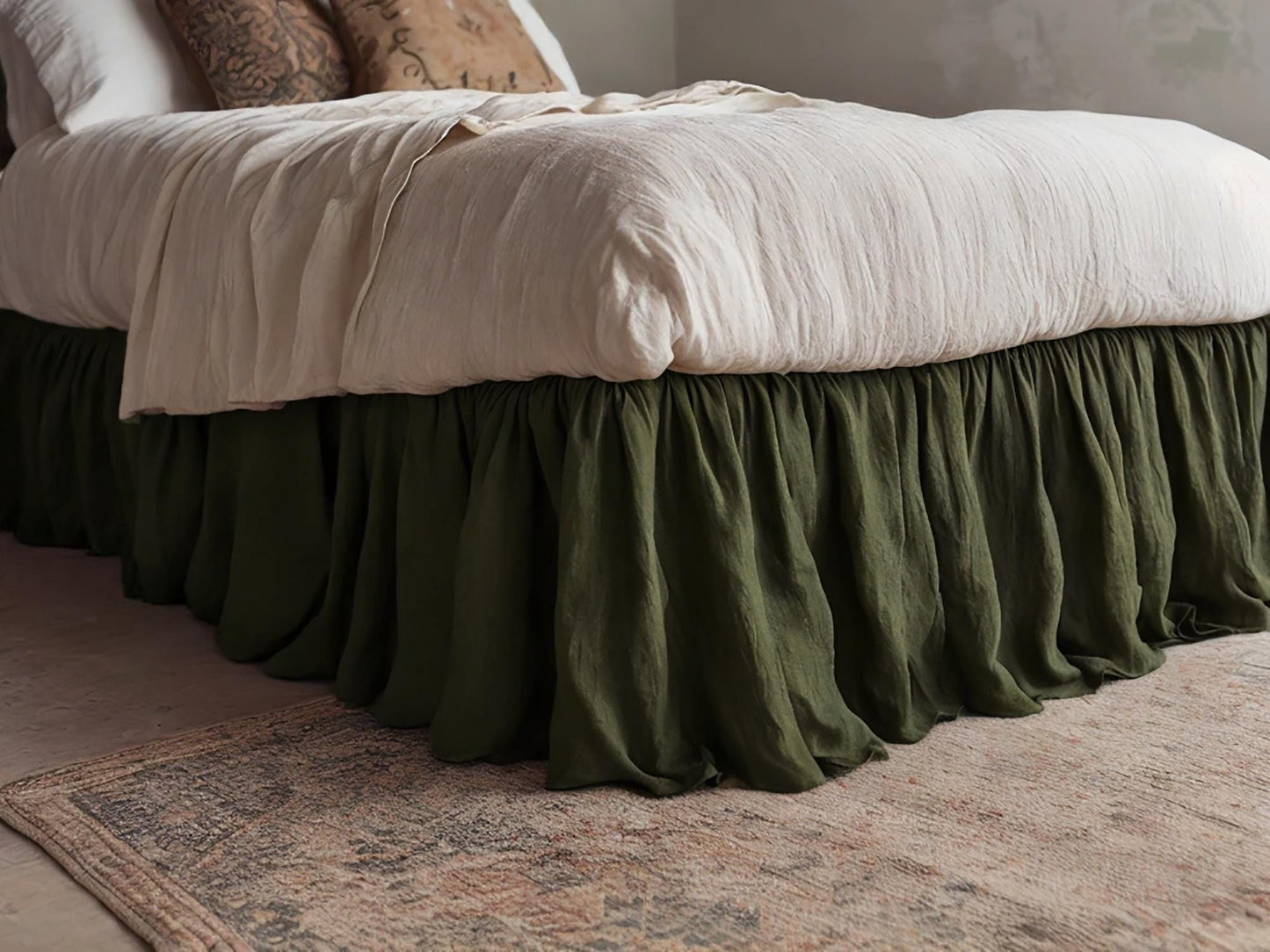Khaki linen ruffled bed skirt Soft Gathered Dust Ruffle Linen Dust Ruffle with Soft Gathered Edges