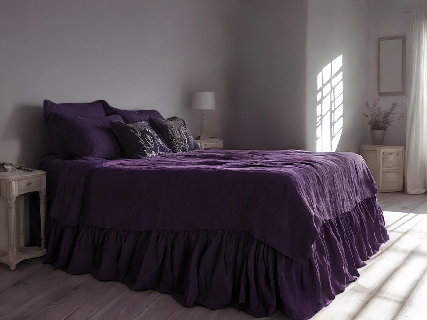 Violet linen ruffled bed skirt Soft Gathered Dust Ruffle Linen Dust Ruffle with Soft Gathered Edges