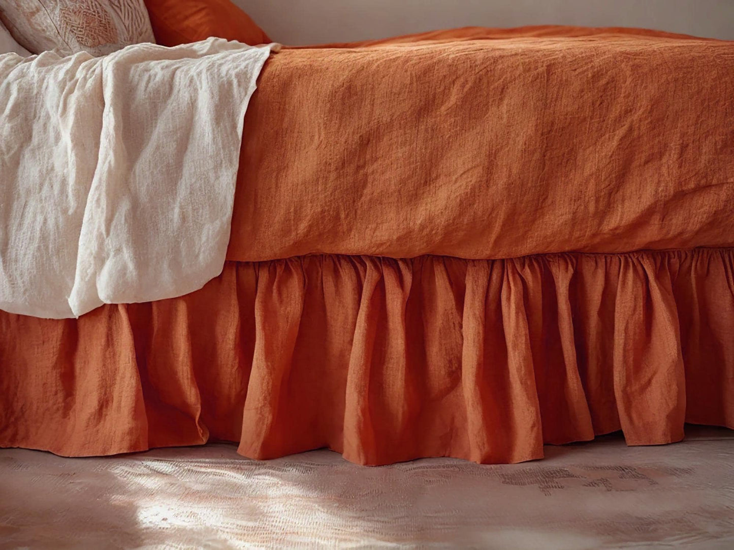 Carrot linen ruffled bed skirt Soft Gathered Dust Ruffle Linen Dust Ruffle with Soft Gathered Edges