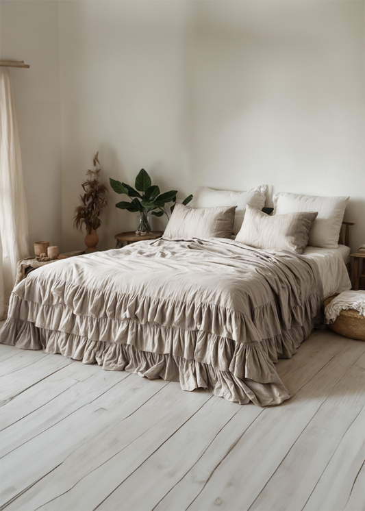 Sand linen triple ruffled duvet cover