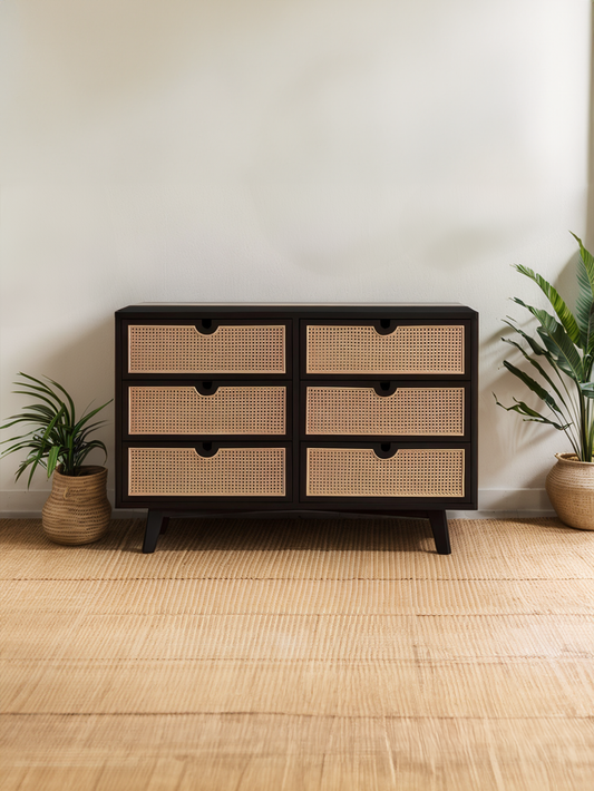 Black Oak Dresser with Rattan Drawers