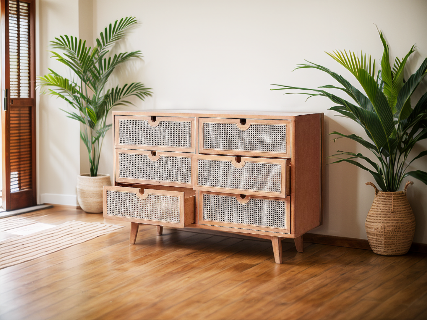Beige Oak Dresser with Rattan Drawers