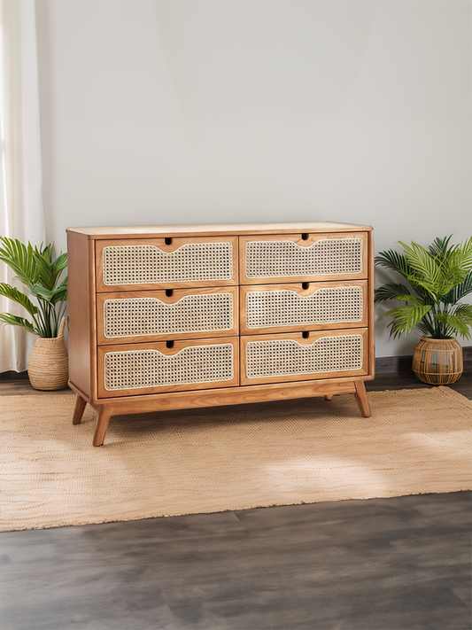 Beige Oak Dresser with Rattan Drawers