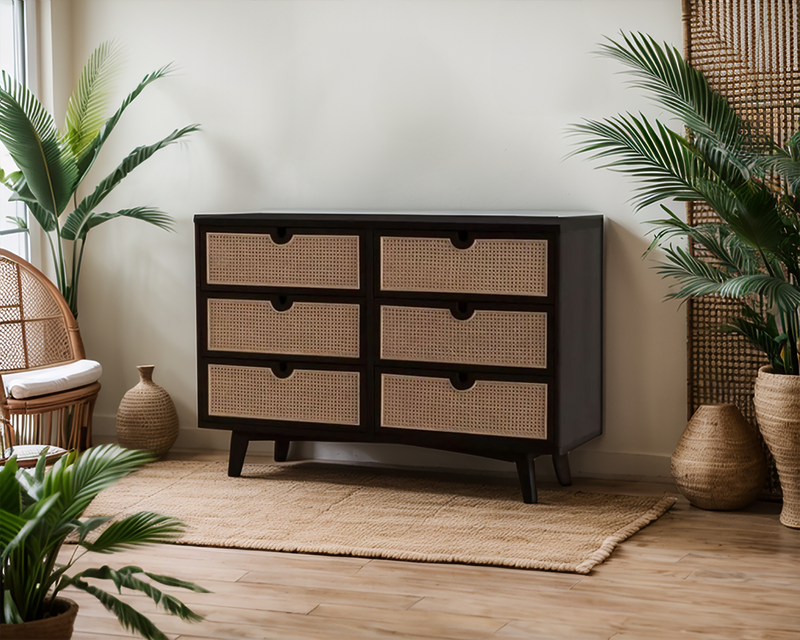 Black Oak Dresser with Rattan Drawers
