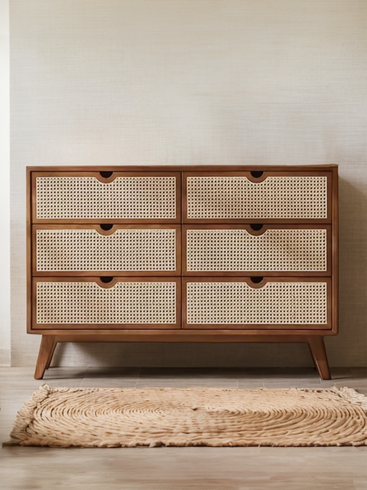 Brown Oak Dresser with Rattan Drawers