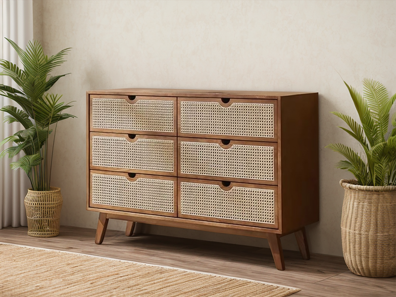 Brown Oak Dresser with Rattan Drawers
