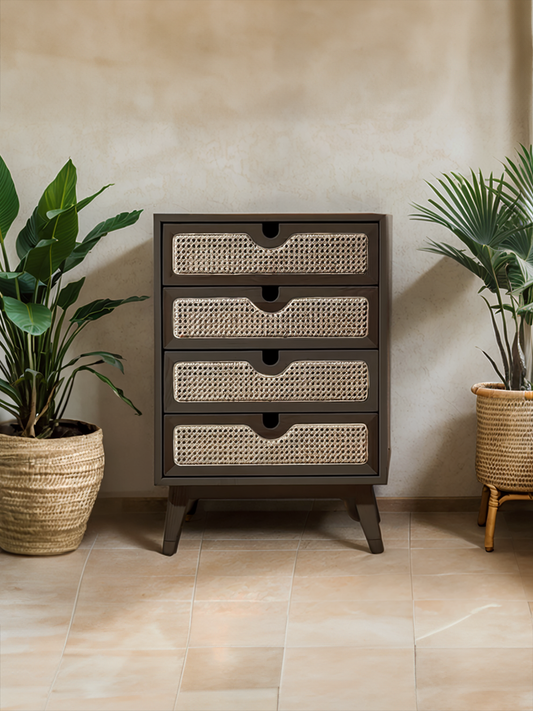 Black Oak Cabinet with Rattan Drawers