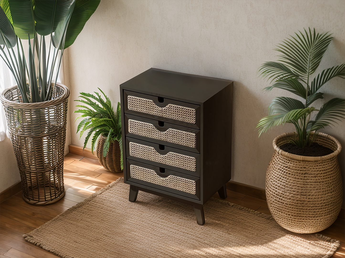 Black Oak Cabinet with Rattan Drawers