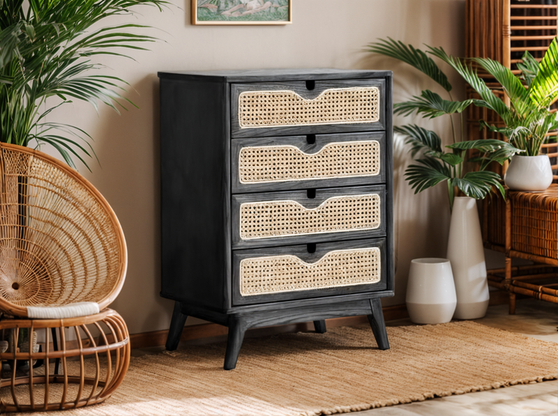 Black Oak Cabinet with Rattan Drawers
