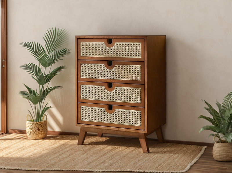 Brown Oak Cabinet with Rattan Drawers