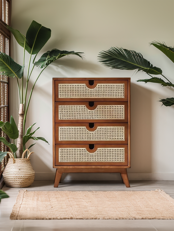 Brown Oak Cabinet with Rattan Drawers
