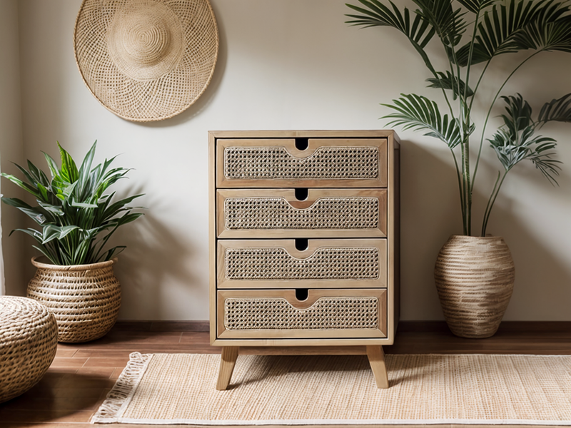 Beige Oak Cabinet with Rattan Drawers