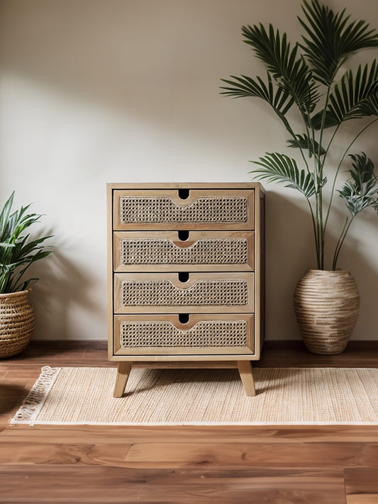 Beige Oak Cabinet with Rattan Drawers