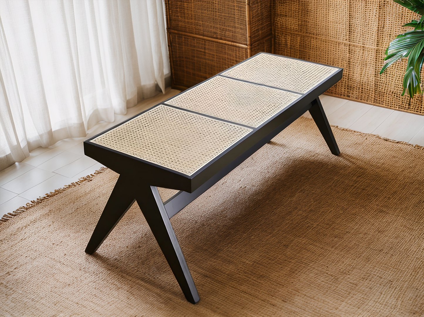 Black Solid Oak Bench with Rattan Seat