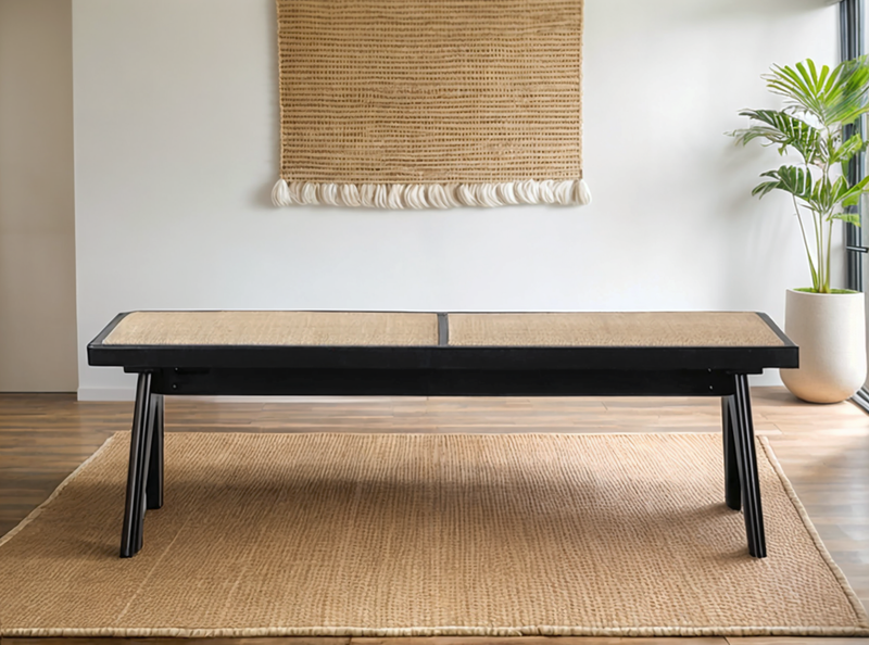 Black Solid Oak Bench with Rattan Seat