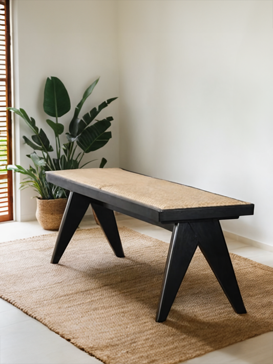 Black Solid Oak Bench with Rattan Seat