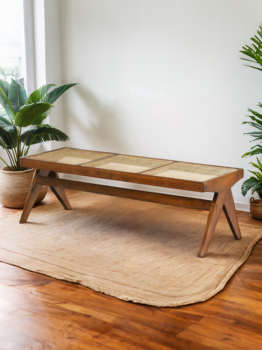 Brown Solid Oak Bench with Rattan Seat