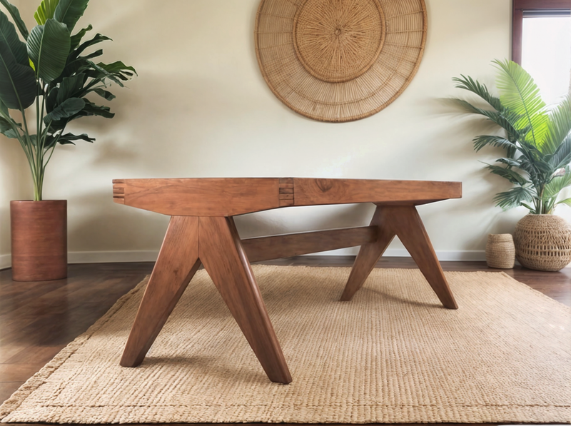 Brown Solid Oak Bench with Rattan Seat