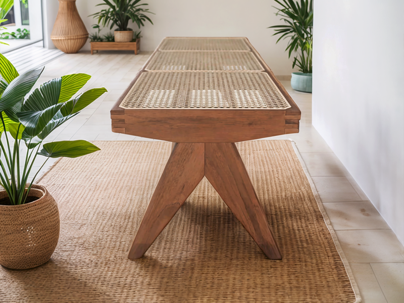 Brown Solid Oak Bench with Rattan Seat
