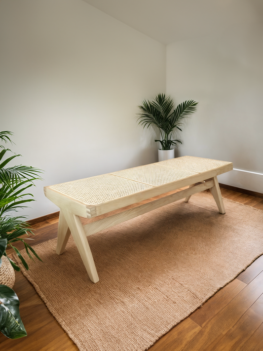 Beige Solid Oak Bench with Rattan Seat