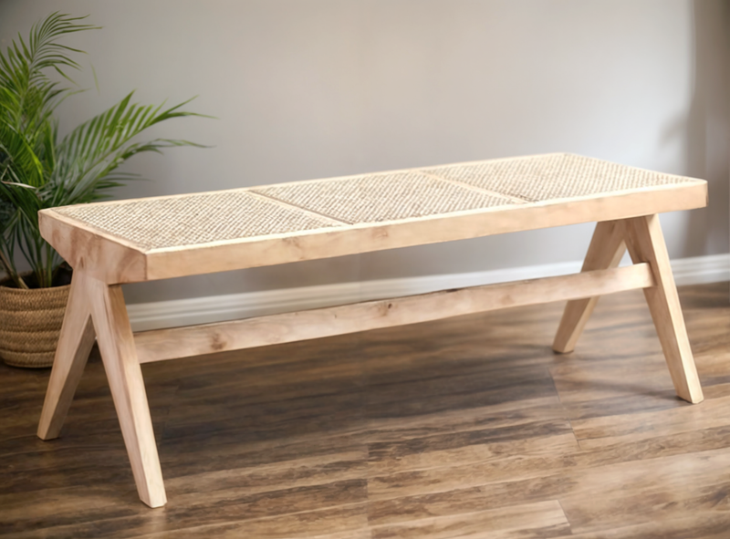Beige Solid Oak Bench with Rattan Seat