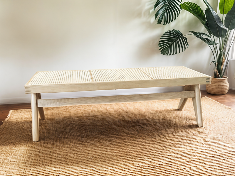 Beige Solid Oak Bench with Rattan Seat