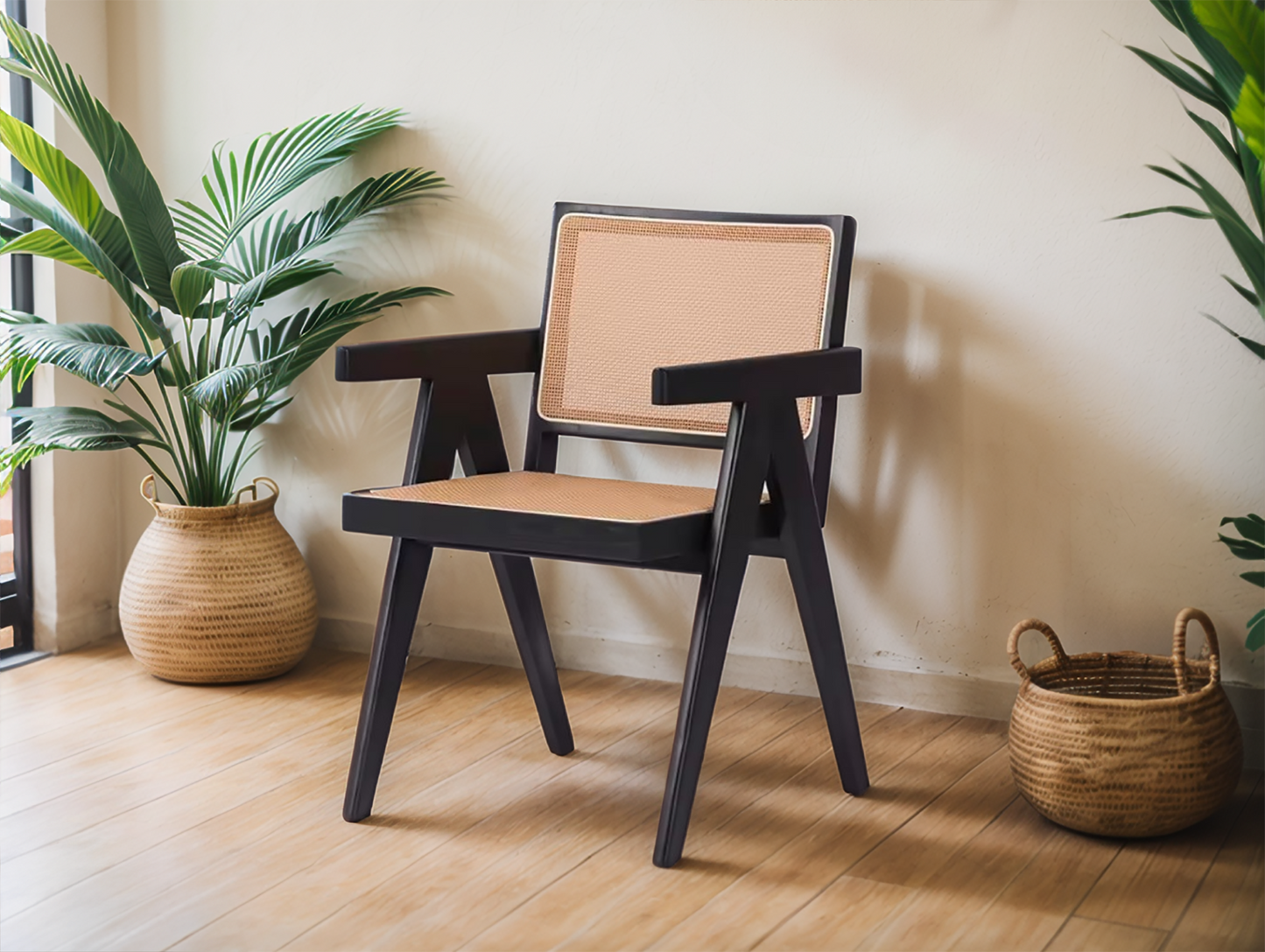 Black Oak Armchair with Rattan Back and Seat