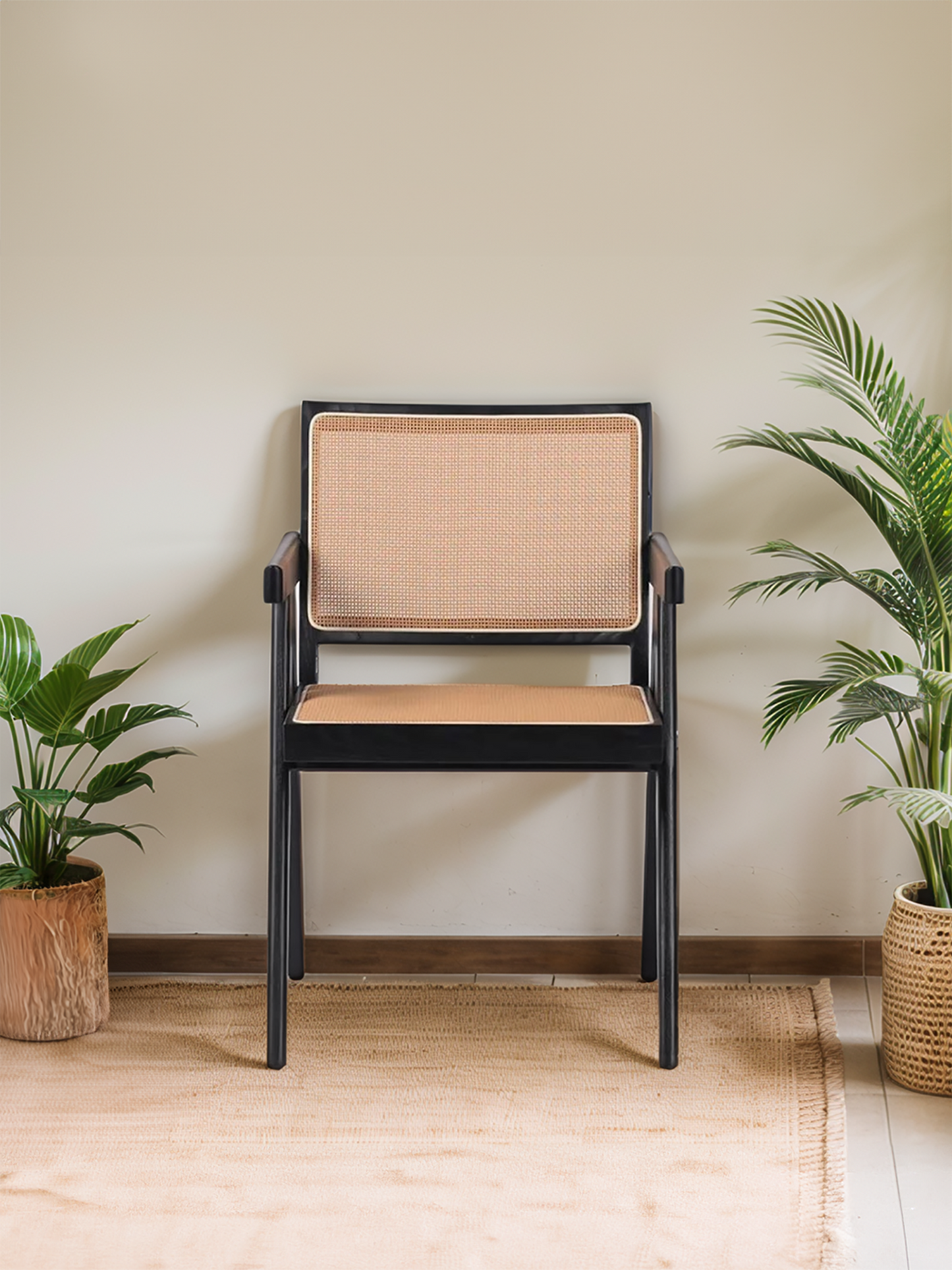 Black Oak Armchair with Rattan Back and Seat