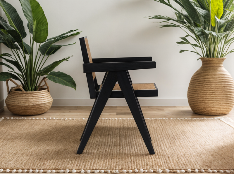 Black Oak Armchair with Rattan Back and Seat