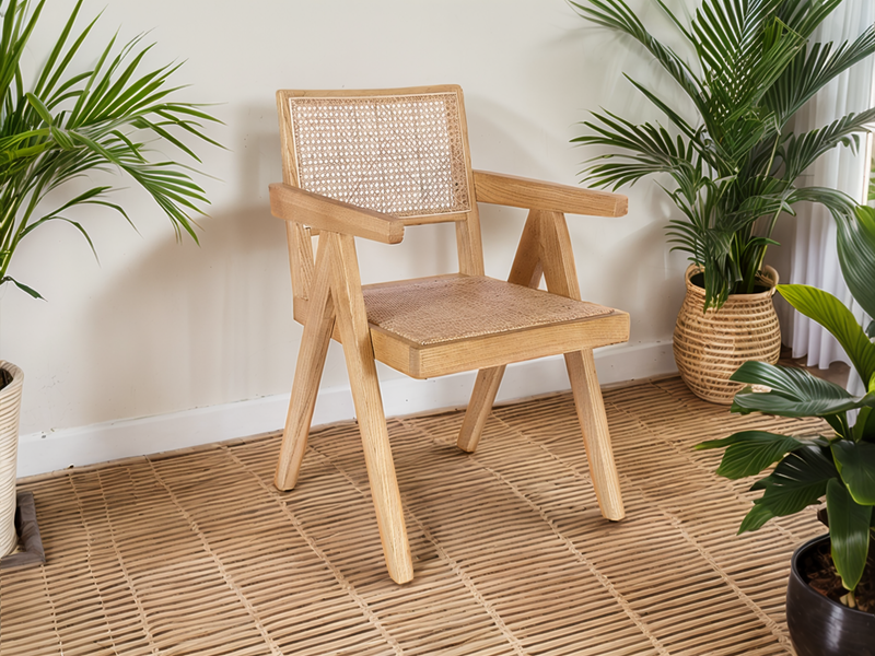 Beige Oak Armchair with Rattan Back and Seat