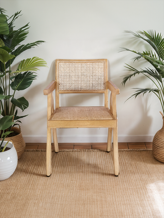Beige Oak Armchair with Rattan Back and Seat