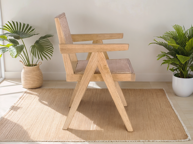 Beige Oak Armchair with Rattan Back and Seat
