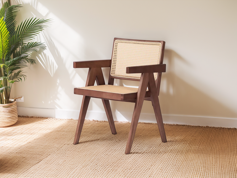 Brown Oak Armchair with Rattan Back and Seat