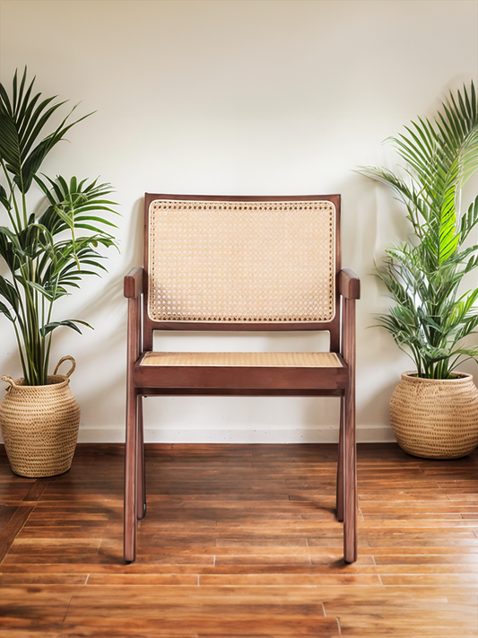 Brown Oak Armchair with Rattan Back and Seat