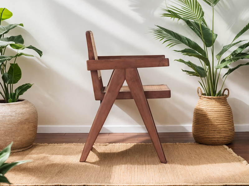 Brown Oak Armchair with Rattan Back and Seat