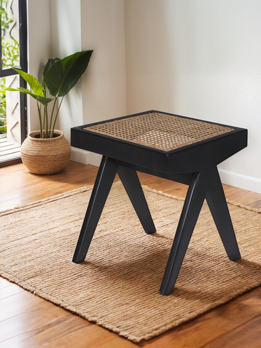 Black Oak Stool with Natural Rattan Seat