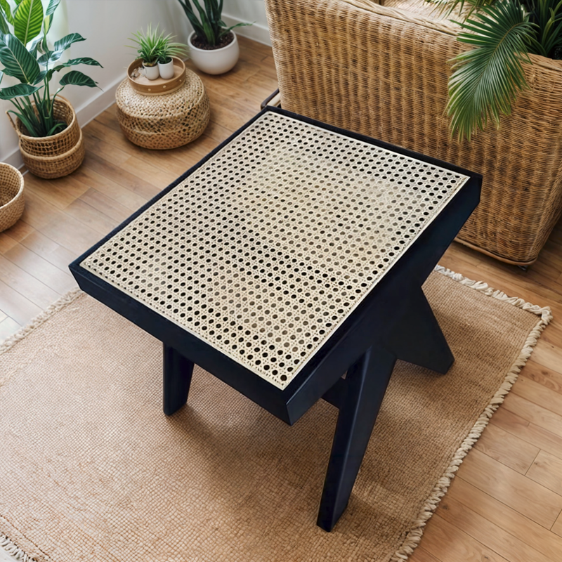 Black Oak Stool with Natural Rattan Seat