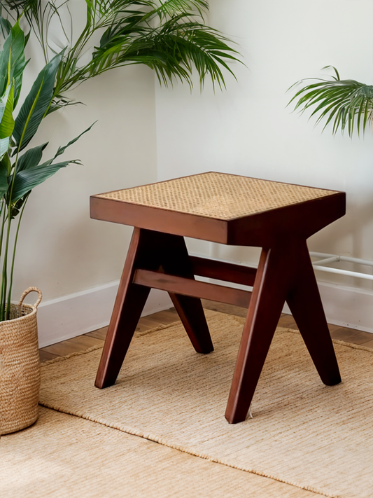 Brown Oak Stool with Natural Rattan Seat