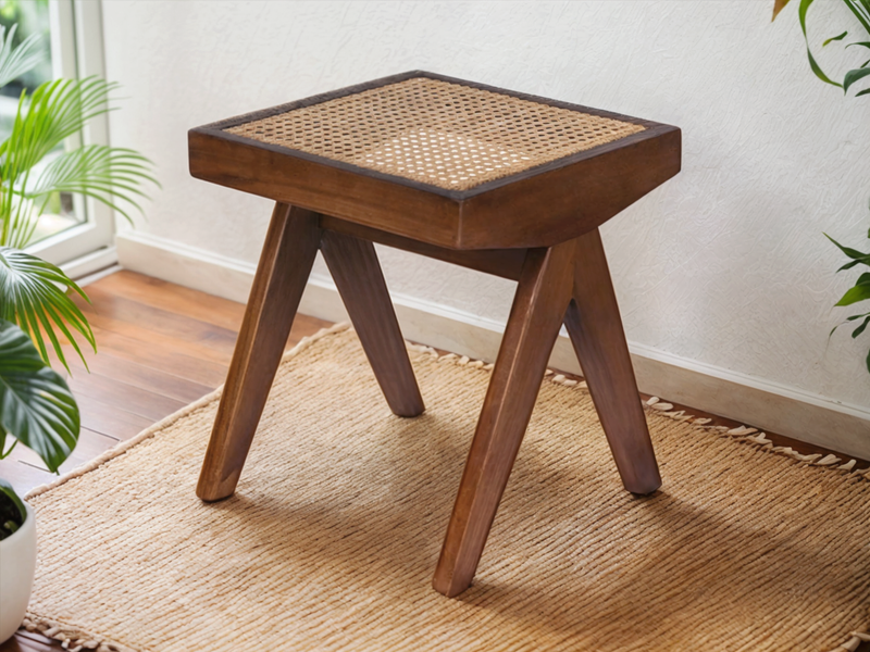 Brown Oak Stool with Natural Rattan Seat
