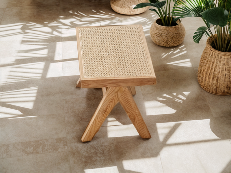 Beige Oak Stool with Natural Rattan Seat