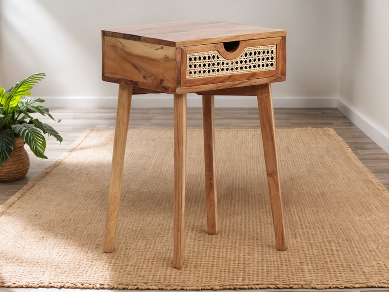 Brown Oak Bedside table with Rattan Drawer