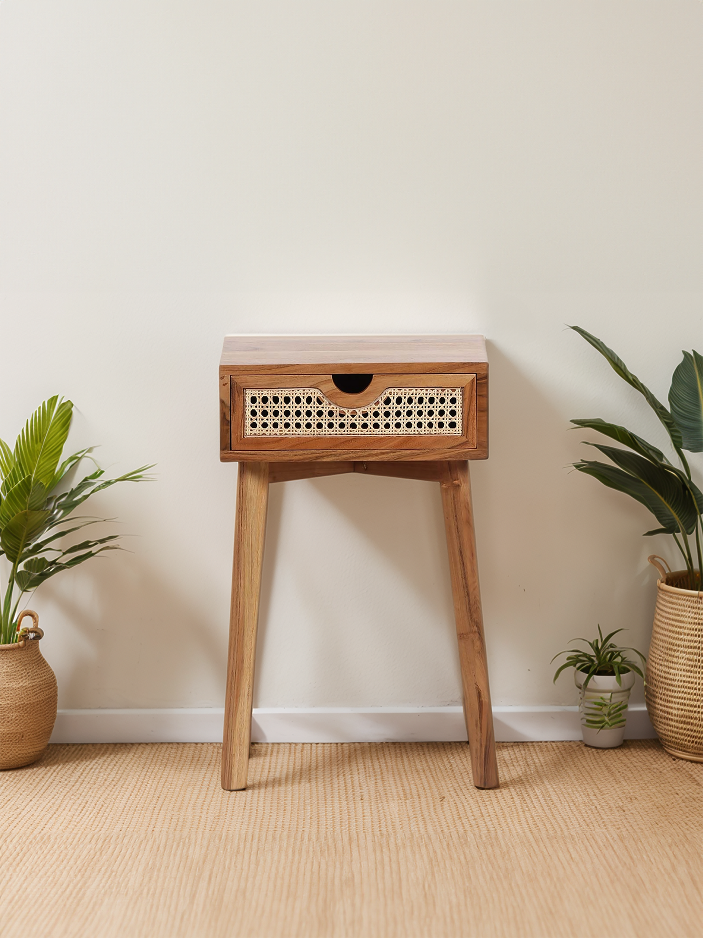 Brown Oak Bedside table with Rattan Drawer