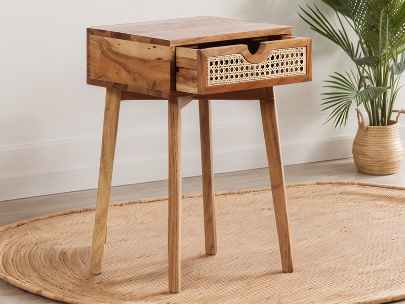 Brown Oak Bedside table with Rattan Drawer