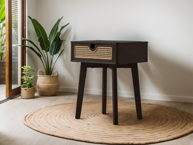 Black Oak Bedside table with Rattan Drawer