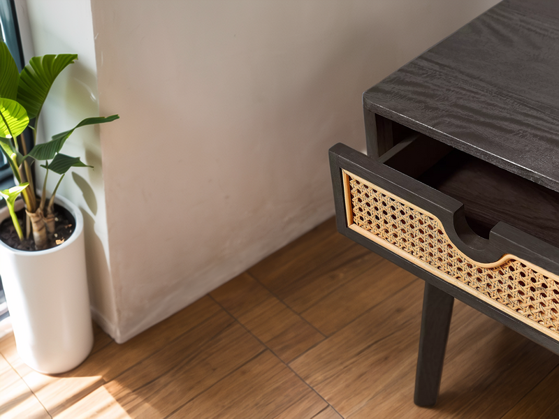 Black Oak Bedside table with Rattan Drawer