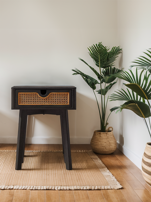 Black Oak Bedside table with Rattan Drawer