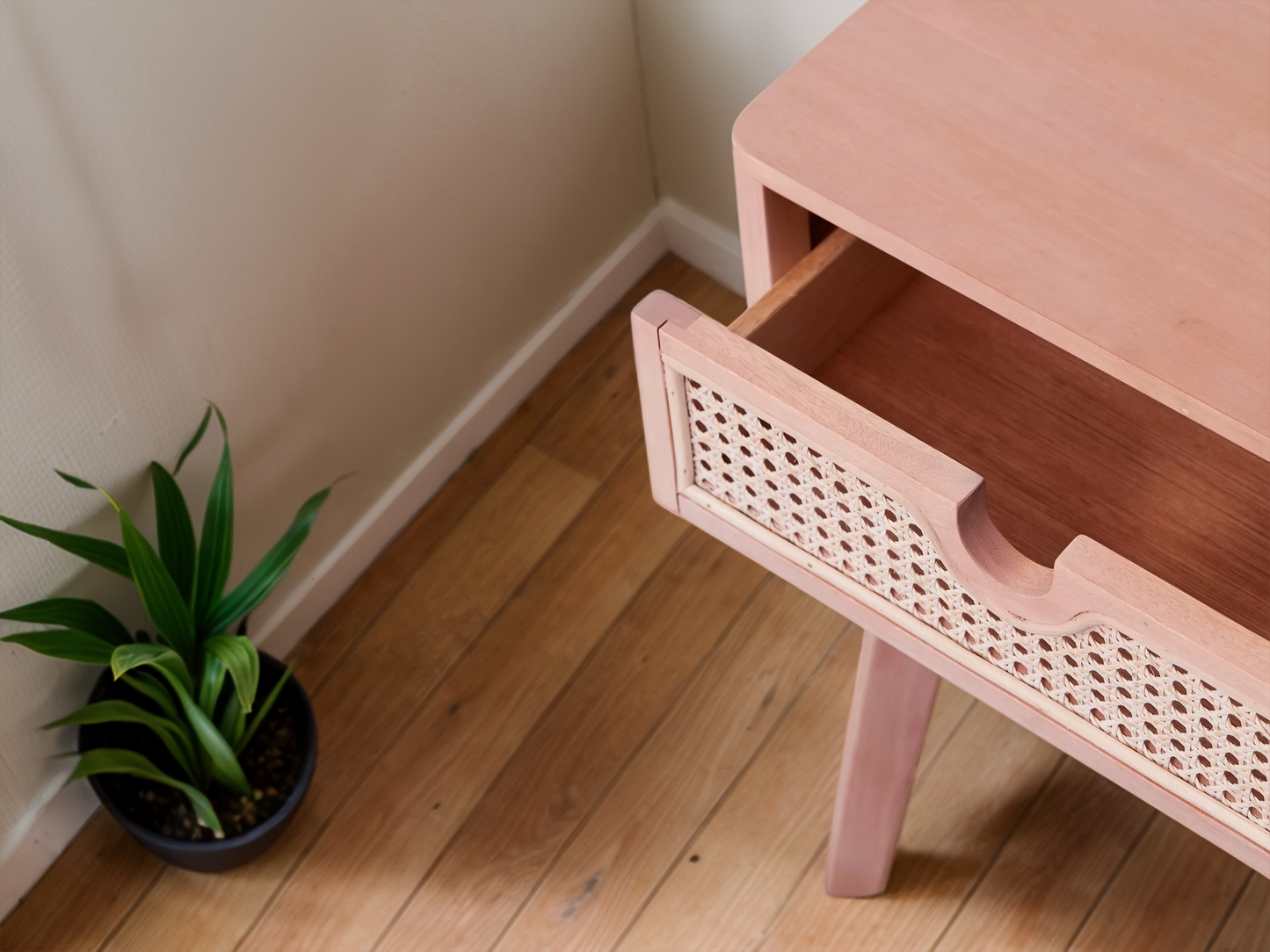 Pink Oak Bedside table with Rattan Drawer