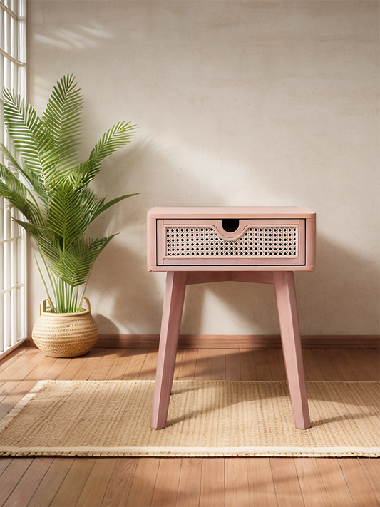 Pink Oak Bedside table with Rattan Drawer